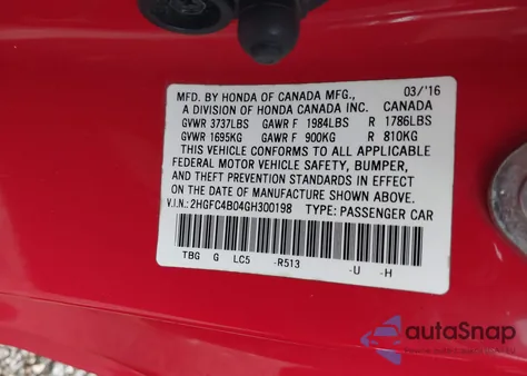 2016 Honda Civic Lx-P из США, поврежденный, VIN 2HGFC4B04GH300198